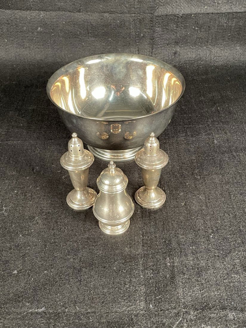 Collection of Sterling Silver Salt and Pepper Shakers and Pepper Grinder & Silver-Plated Bowl (1 of 4)