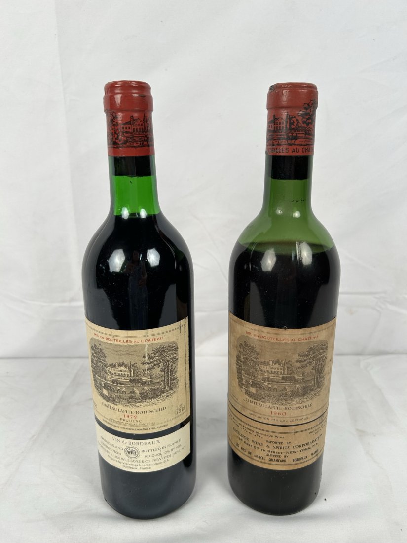 Two 75 CL Mis en Bouteilles au Chateau, Chateau LaFite-Rothschild, Pauillac: Two 75 CL Mis en Bouteilles au Chateau, Chateau LaFite-Rothschild, Pauillac. One bottle dated 1960 and one bottle dated, 1979. Sold as is. Collectible wine bottles.