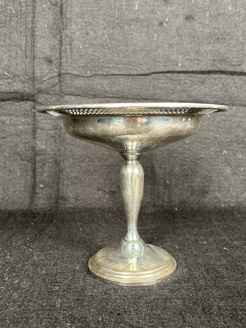 Sterling Serving Display Stand: Sterling Serving Stand. Marked Sterling reinforced with cement, 695. Dessert or candy serving display stand.