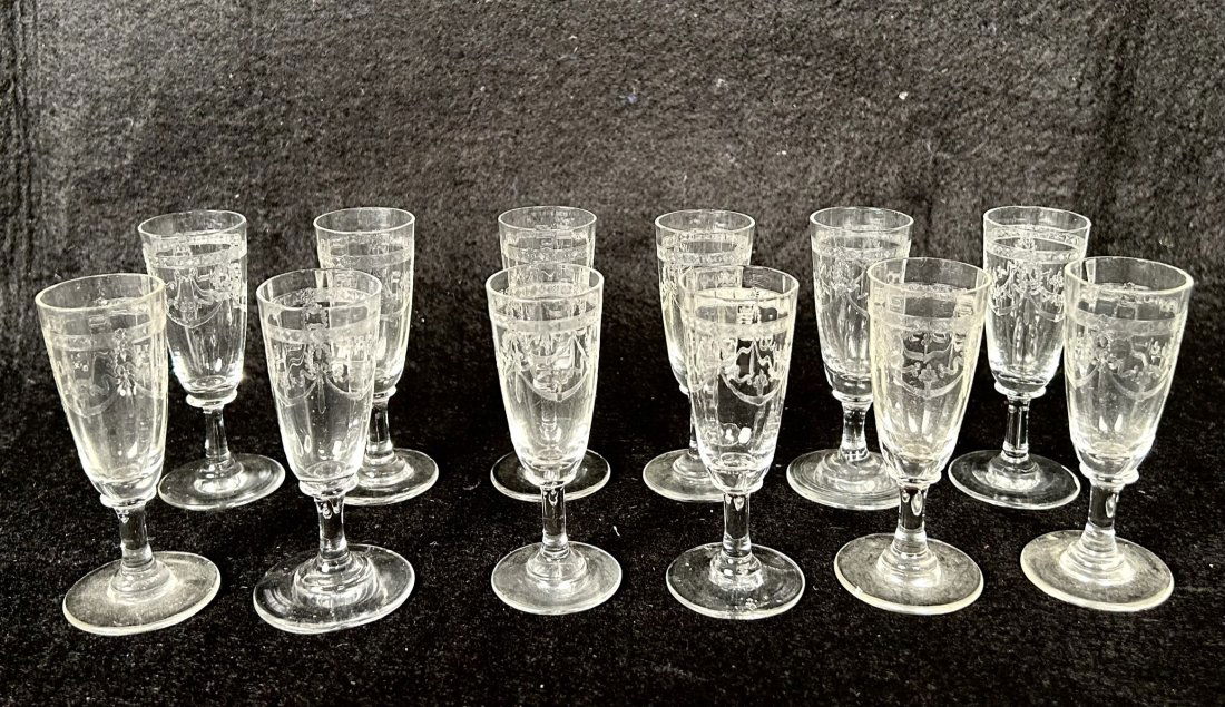 Set of Twelve Etched Aperitif / Footed Cordial Glasses: Set of Twelve Etched Aperitif / Footed Cordial Glasses.