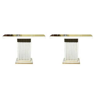 Maison Jansen, Console Tables, Painted, Eglomise: Pair of console tables, circa 1950s, stamped Jansen, the verre églomisé glass atop white painted and parcel-gilt frieze, raised on fluted pedestals, standing on parcel-gilt rectangular block