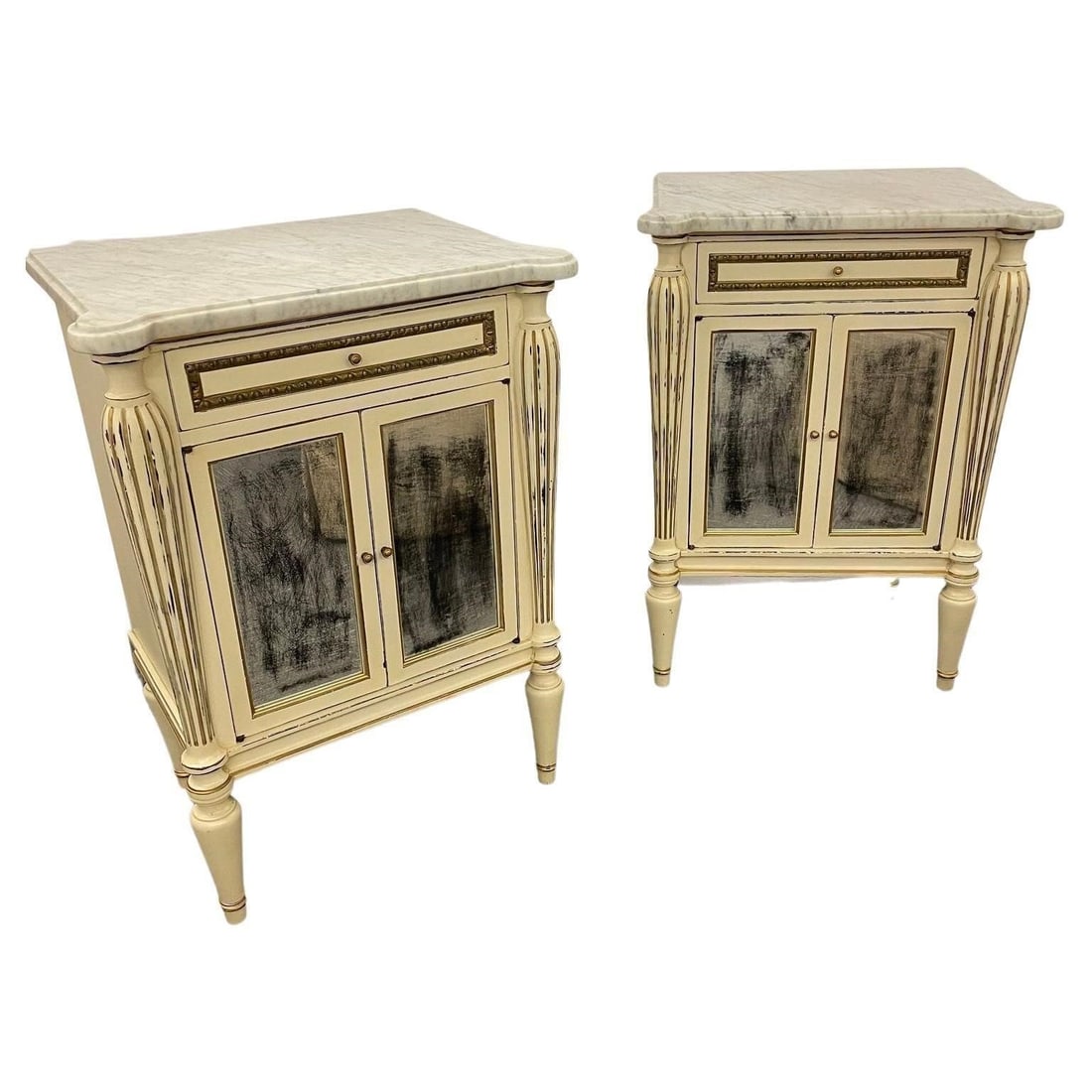 Jansen Stamped White Painted Marble-Top End Tables: Pair of Painted Marble Top End Tables Distressed Mirrored Cabinets Stamped JansenPair of French white distress-painted cabinets, circa 1950s, the white marble over a conforming case fitted with a sing