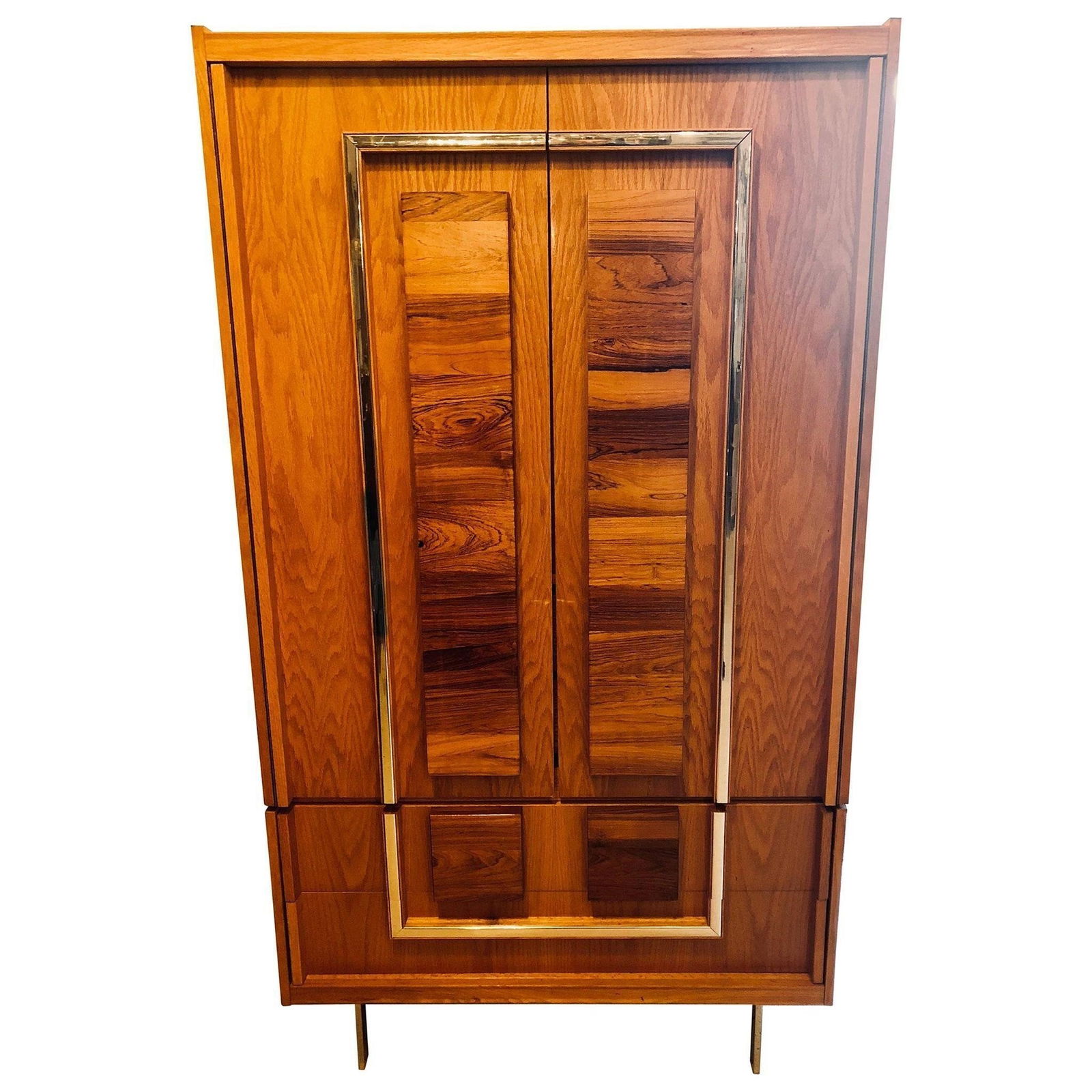 Milo Baughman Style Mid Century Modern Hi Chest: Stunning Mid-Century Modern two-piece custom quality Hi chest or armoire deigned after Milo Baughman. This fine wood and chrome chest is marked Made In Canada having rosewood and oak veneer accents on
