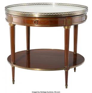 Maison Jansen Center, End or Card Table, 1920s: Maison Jansen style center, end or card table in the Louis XVI form. The white marble-top framed in a bronze pierced gallery being pinned into the table top. The whole with drawers on all four sides a