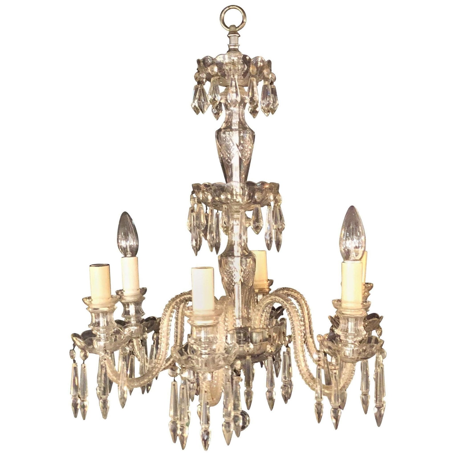 Venetian Six-Light Cut Crystal Chandelier, circa: A Venetian six-light cut crystal chandelier, circa 1920. The center column having six cut arms flowing with crystal drops. The center column with hanging tier crystals.Dimensions: Height: 29 in (73.66