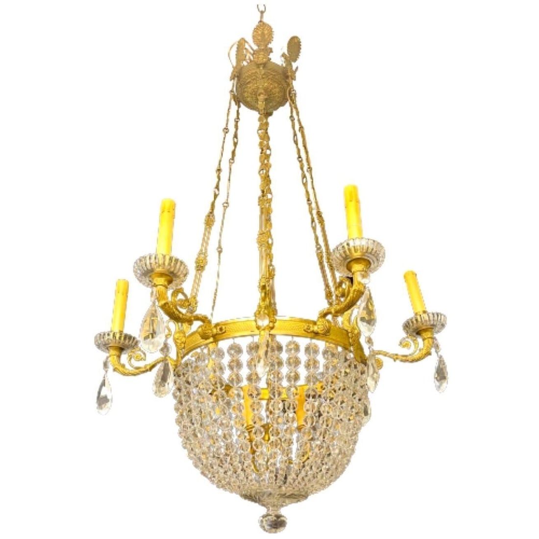 French Beaded Dome 9 Light Chandelier: French beaded dome 9 light chandelier having six lights outside and three on the interior of the dome. This finely cast bronze chandelier has crystal bobeches and hangs on decorative bronze chains wit