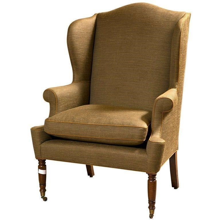 Traditional Wingback Chair by Karges, American: American walnut wingback chair, in a fine tweed upholstery, supported on turned front legs and splayed back legs. Signed back left leg.Height: 47 in Width: 34 in Depth: 31 in Seat Height: 21 inVery Fi