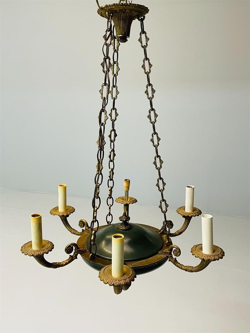 Bronze and Green Metal Empire Chandelier, Pendant: A metal and bronze empire Chandelier. Dark Green. H29 Dia22