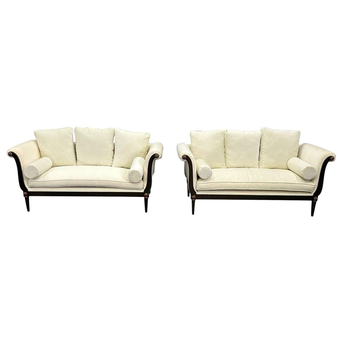 Pair of Hollywood Regency Vesey Style Sofas: Pair of Hollywood Regency Vesey Style Sofas / Settee, Wood Frames with Bronze Mounts, NewPair of Directoire style sofas or settees having solid wooden frames. These seating arrangements feature wood f