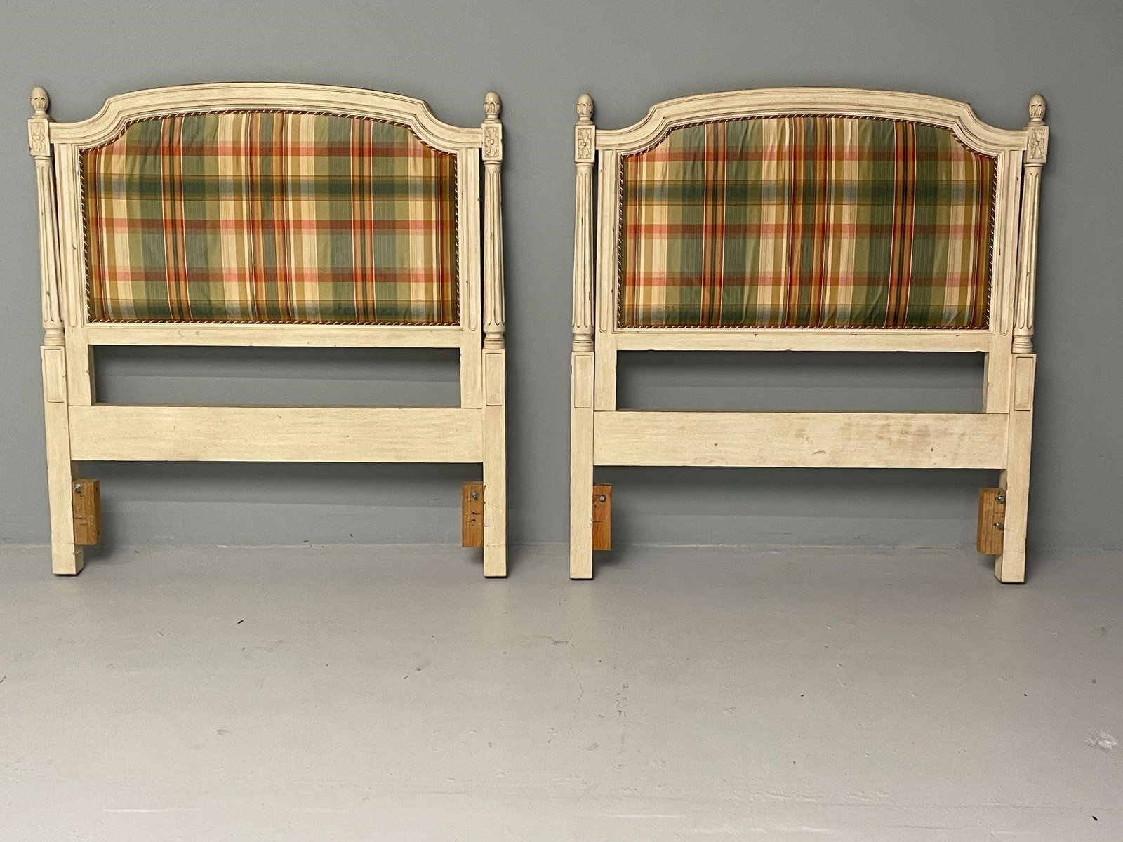 Pair of Louis XVI Headboards: Pair of Louis the 16th style paint decorated twin headboards. Each having a Burberry style custom fabric.45H 41.5W