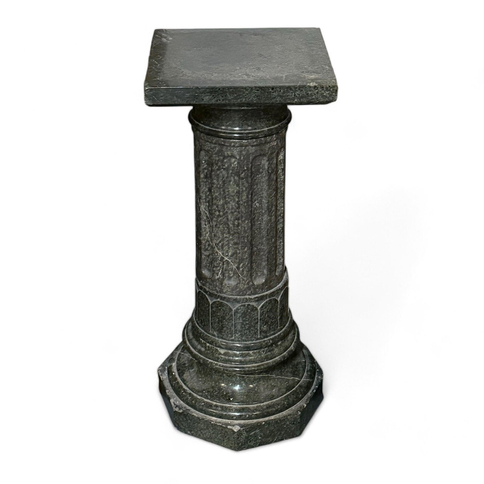 Green Marble Pedestal: Green Marble Pedestal 19th/20th Century.Height: 33.5"Base: 14.5 x 14.5"Top: 13.75 x 13.75