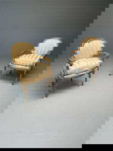 Pair Louis XVI Style Bergères,: Fine Pair of Louis the 16th style Arm Chairs in a fine striped Upholstery. Slightly stained. Strong Sturdy. From a fine Rye NY Estate. 39.5 H 26.5W 23 DSH 24.5