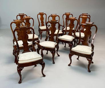 A set of 12 Mahogany Veneer Dining Chairs: A set of 12 Burl mahogany veneer, queen and style dining room chairs, having custom slipped seats with primary cover cushions that are removable43K 22 W 22 D Seat Height 20.5 From a fine Rye NY