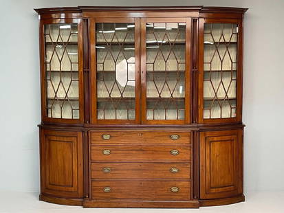 George III Style Mahogany China Cabinet: 18th / 19th Century, English Breakfront Height 87 inches, Width 94 inches, Depth 21 inchesFrom a fine Rye NY Estate