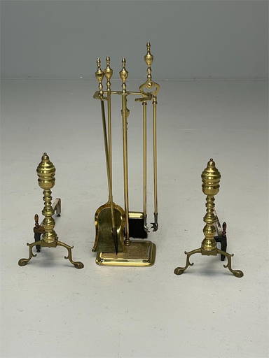 A Hexagonally Themed Set of Brass and Chrome Firetools A Hexagonally Themed Set of Brass and Chrome Firetools