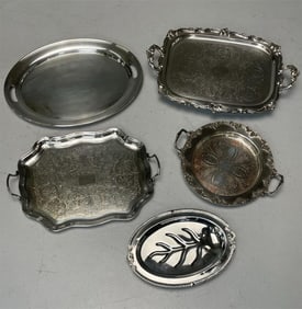 A Group of 5 Large Silver Plated Trays