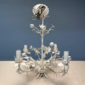 Tole White Painted Floral Chandelier with Canopy
