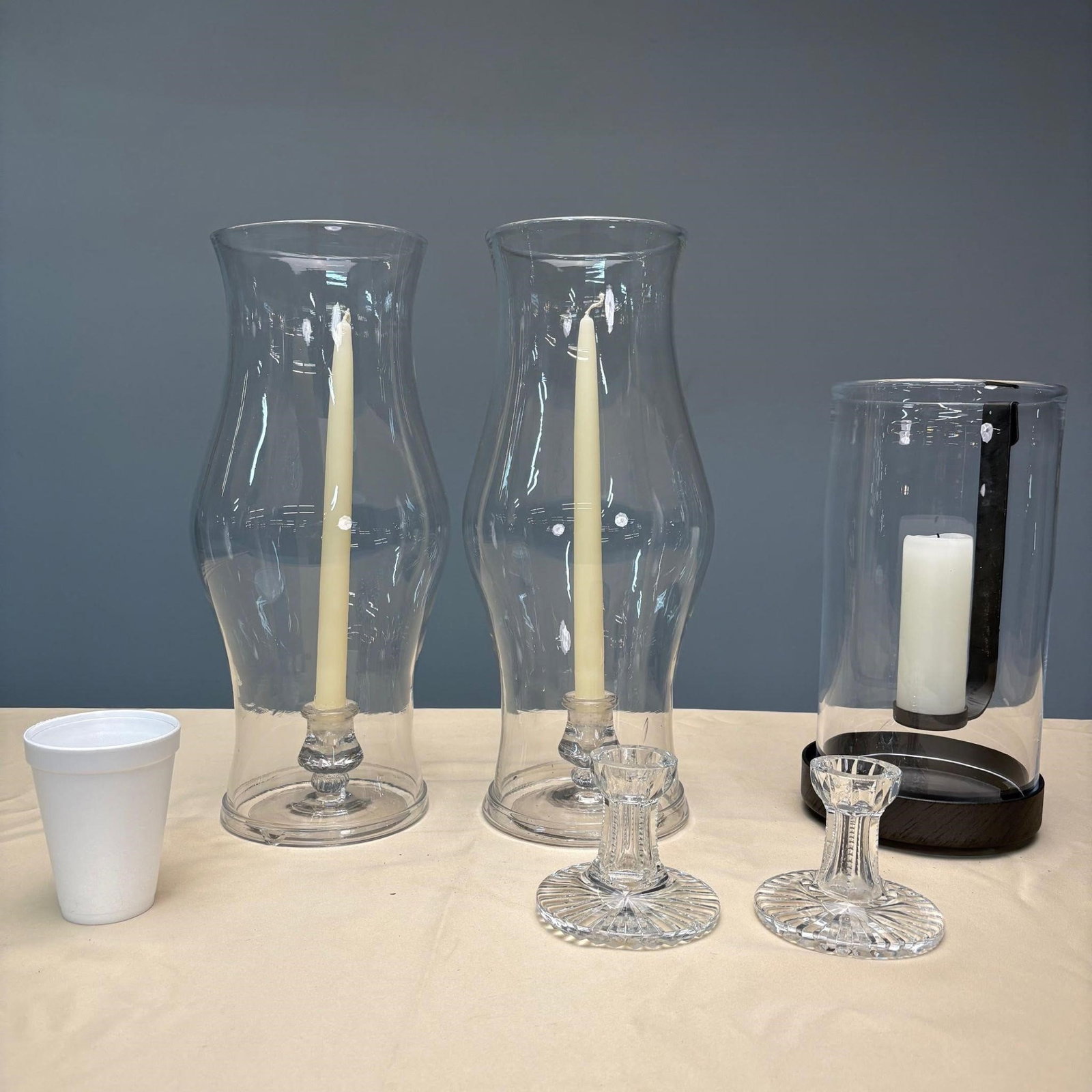 Lot of Five Hurricane Candle Holders: 5 modern hurricane candleholders. Two pair and one single. Fine conditionFrom a Rye, NY Estate