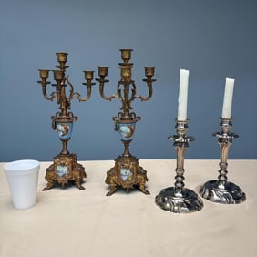 One Pair Sevres Style Candelabra, One Pair Plated