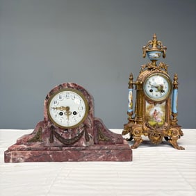 Two French Clocks, Mantle, Bronze, Marble