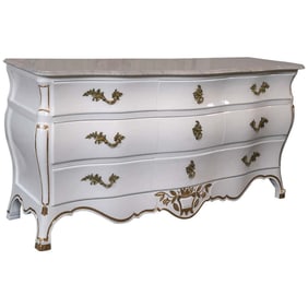 Louis XV White Gold Bombe Dresser, Marble Top
