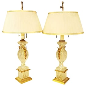 Pair Hollywood Regency Bronze Swan Handle Lamps