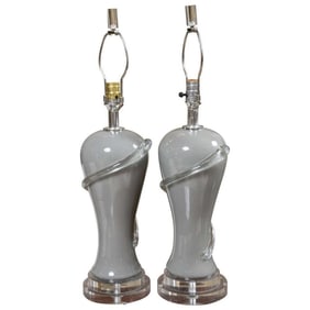 Pair Deco Gray Glass Lamps with Lucite Bases