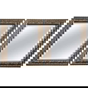 Pair Silver Gilt Mirrors, Mic Century Modern: Pair of beautiful silver gilt mirrors, each has a beveled rectangular glass surmounted in a carved wood frame in silver-gilt finish. Manner of Jansen.Dimensions: H25" W 21"DimensionsHeight: 25 inWidth
