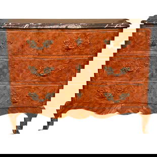 French Louis XV Tulipwood Commode, Marble Top: French Louis XV style tulipwood commode, circa 1930s, the veined rouge marble atop a conforming case fitted with three drawers, the front decorated with parquetry inlaids, raised on short cabriole leg