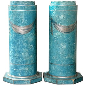 Pair Blue Distressed Pedestals, Hollywood Regency
