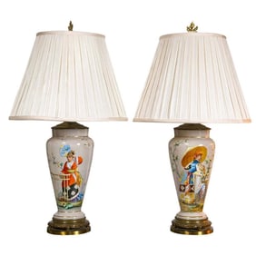 Pair 19th C. French Porcelain Painted Urn Lamps