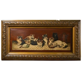 Antique Kitten Oil on Board Painting, Signed 1909