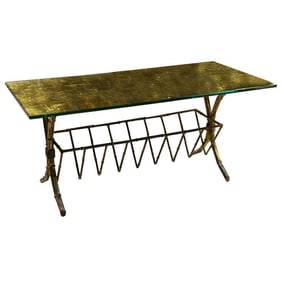 Gilt Brass Glass Coffee Table with Magazine Shelf