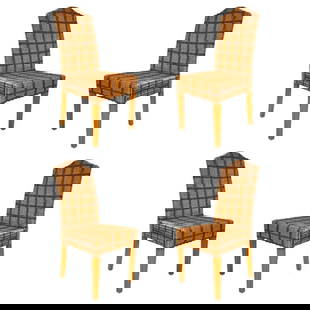 Set of 4 Palecek Wicker Chairs with Tweed Seats: Set of four Palelek Wicker side chairs. Each having a yew color leg leading to a solid wicker tweed decorated seat and back.DimensionsHeight: 38 inWidth: 17.5 inDepth: 15.5 inSKU: 101-587