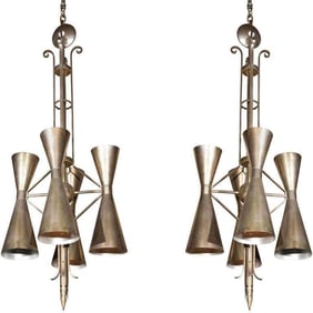 Pair Art Deco Metal Fixtures, Chandeliers