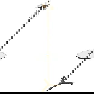 Bamboo Chrome Floor Lamp Table, Art Deco: A faux bamboo form chrome standing floor lamp table Art Deco in form. The chrome Y shaped base on circular feet leading to a sleek chrome bamboo form center column which supports a circular glass tabl
