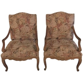 Pair Distressed Louis XV Fauteuils, Jansen Style