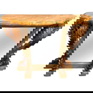 Neoclassical Marble Table with Dolphin Accents: Late 19th century, Continental, the shaped and bowed marble top with a molded edge, and raised on a mirrored back and scrolling acanthine-carved supports joined by gilt foliate garlands and ending in