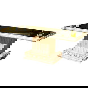 Grosfeld House Style Glass Top Coffee Table: An exquisite coffee table, overall distress-painted, the rectangular top with glass inset supported by a pillar-shaped pedestal base, in the style of Grosfeld House.DimensionsHeight: 18 inWidth: 46.5