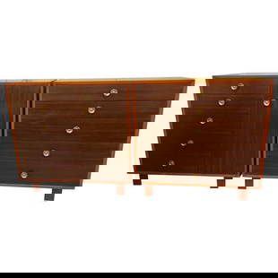 Pair George Nelson Chests for Herman Miller: A pair of Mid-Century Modern George Nelson design for Herman Miller chests / dressers / commodes. Signed with labels this pair of side by side and all drawer chests have mahogany fronts and walnut sid