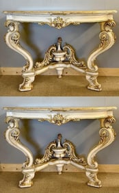 Pair Italian Gilt Faux Marble Console Tables