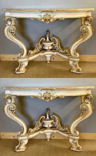 Pair Italian Gilt Faux Marble Console Tables: A pair of Italian parcel wonderfully paint and gilt decorated demilune faux marble-top console or sofa tables, late 19th or early 20th century these finely carved cabriole leg freestanding consoles co