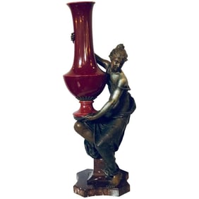 Spelter Water Bearer on Marble with Red Vase