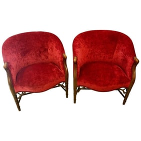 Pair Red Velour Bamboo Barrel Chairs, 19th-20th C.