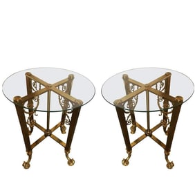Pair Bronze End Tables with Glass Tops