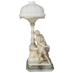 Art Deco Alabaster Lamp with Seated Lady Scene