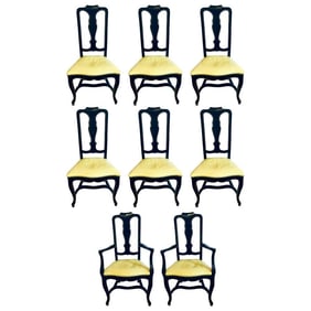 Set of 8 Queen Anne Ebonized Gilt Dining Chairs