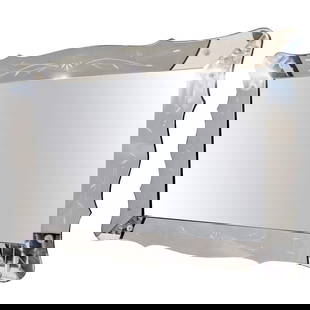 Art Deco Mantle Mirror with Shadowbox Frame: Art Deco styled over the mantel (fireplace) or wall or console mirror. This large and impressive shadowbox frame mirror with etched panels is simply stunning with its curved etched glass sides. This m