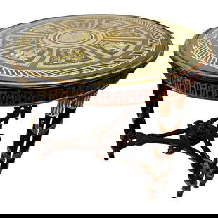 Hollywood Regency Églomisé Neoclassical Table: French neoclassical style center table with églomisé glass top of Architectural design. This one of a kind center, end or dining table leaves no stone unturned in the world of decorative design. The