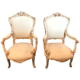 Pair Louis XV Armchairs with Distressed Frames